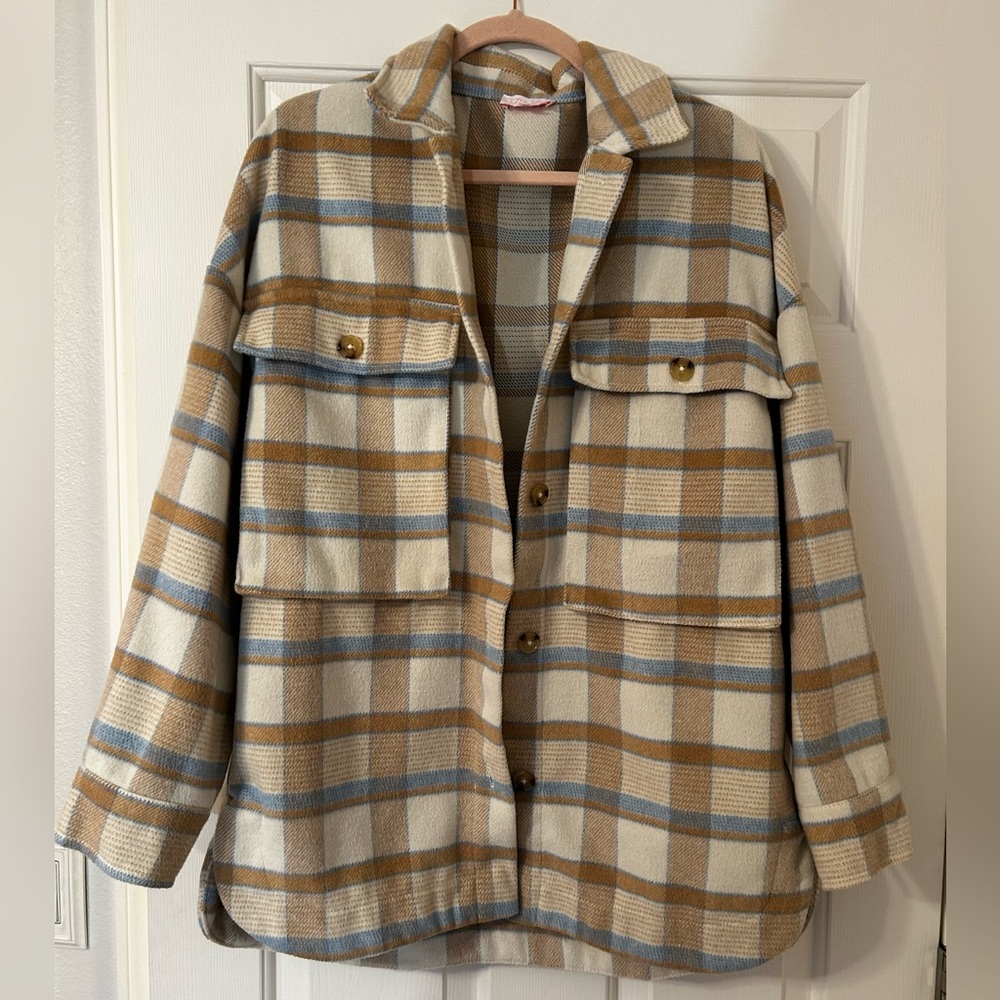 Tan white and blue Shacket